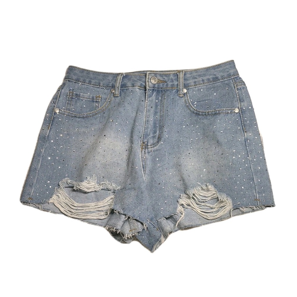 Cali 1850 Rhinestone Denim Shorts Women's Size 5 Distressed Cut Off Bling Blue